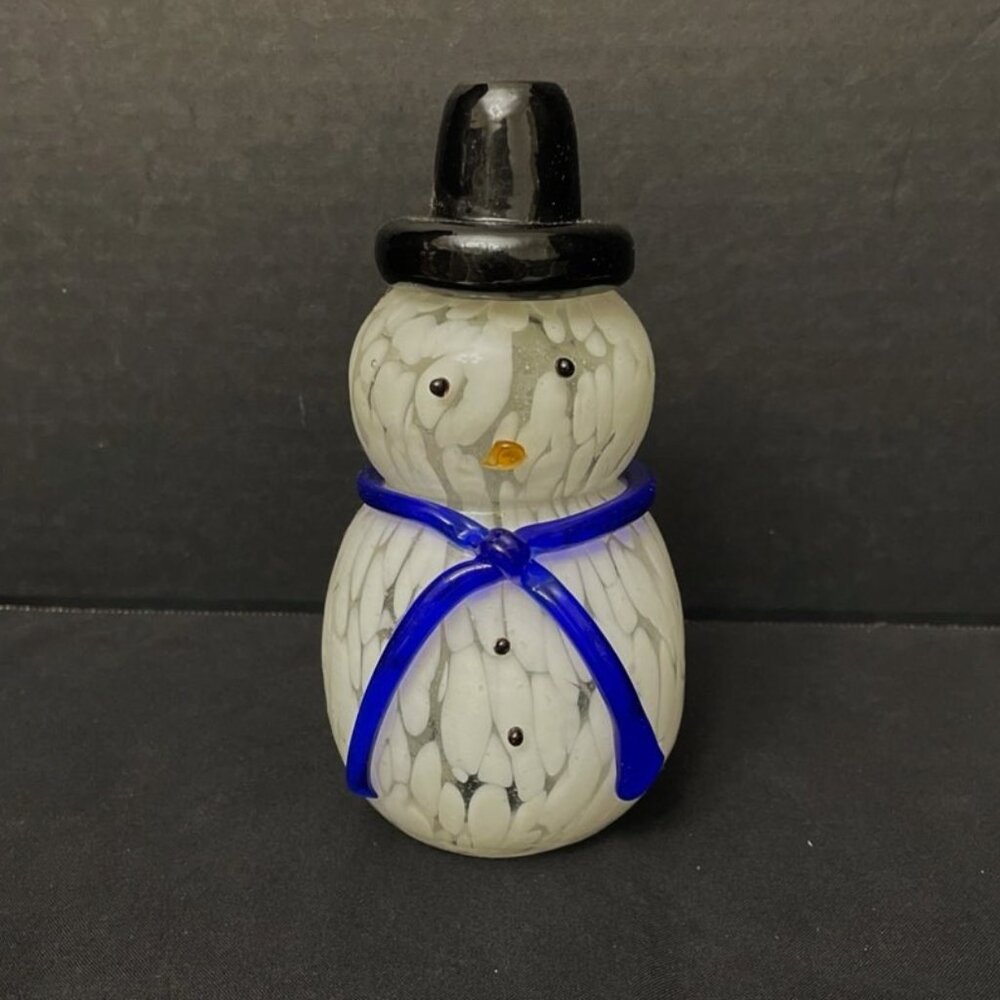Handblown Art Glass Snowman White w/ Blue Scarf Black‎ Hat Orange Nose 6" H